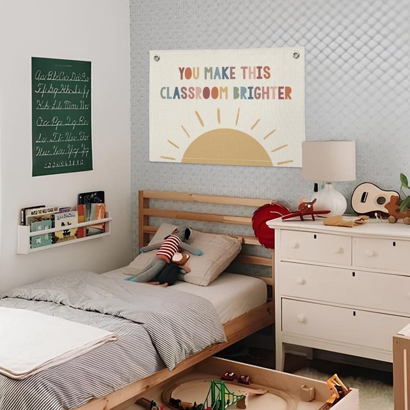 Wheatwin Boho Classroom Canvas Banner, Neutral Classroom Must Haves Wall Decor, Welcome Sign Back To School Linen Banner Flag Decor for School 20x30 - Image 2